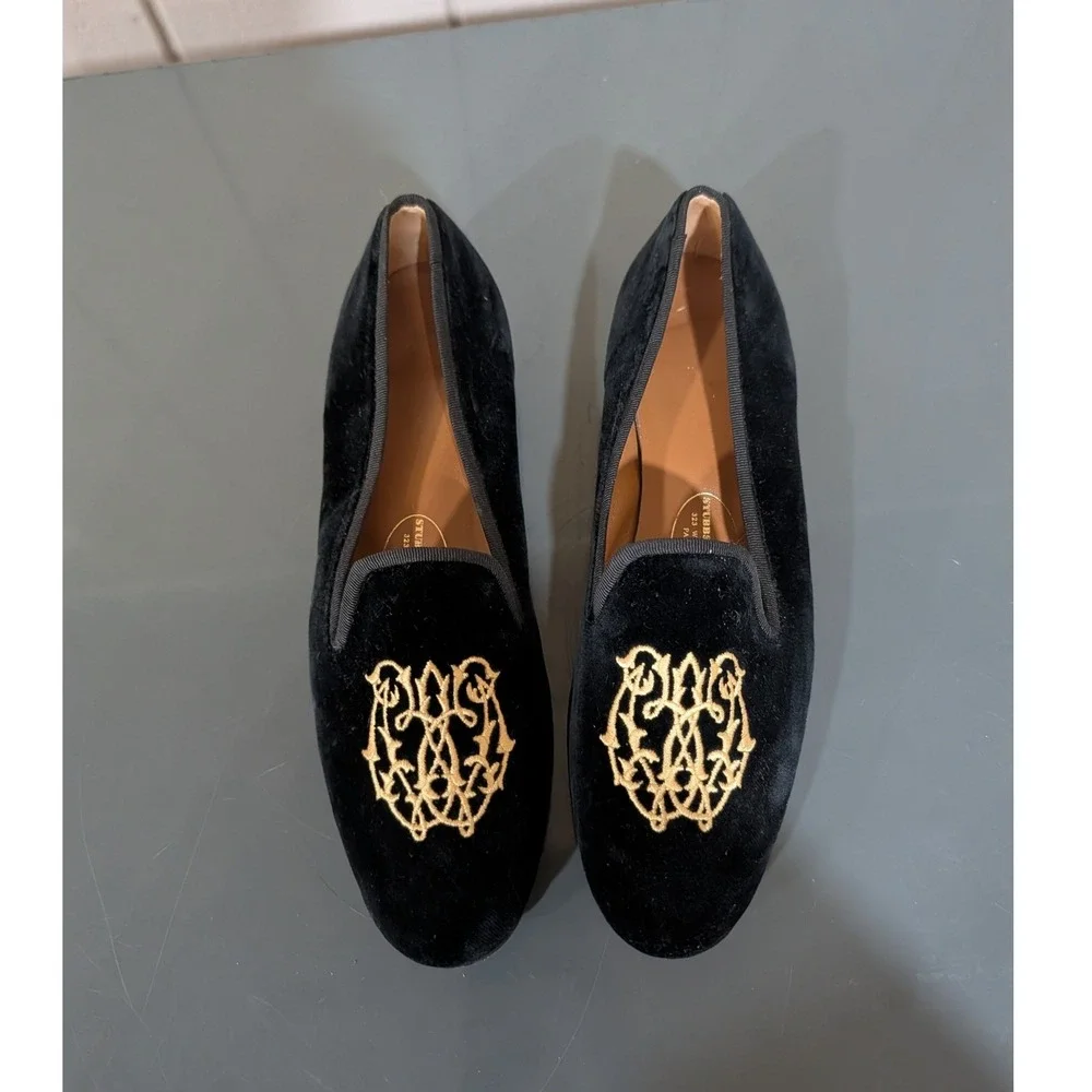 Stubbs & Wootton Black Velvet Embroidered Crest Smoking Flat Slippers 7.5 AA
